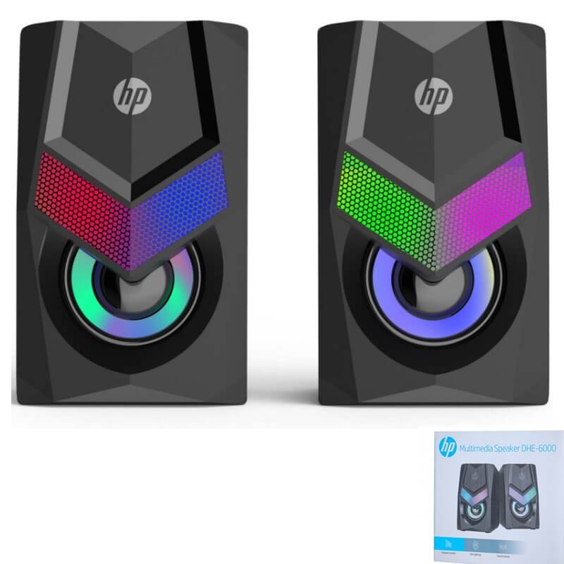 HP DHE6000 Speaker USB Powered RGB Stereo Volume Control 6W, 3.5mm