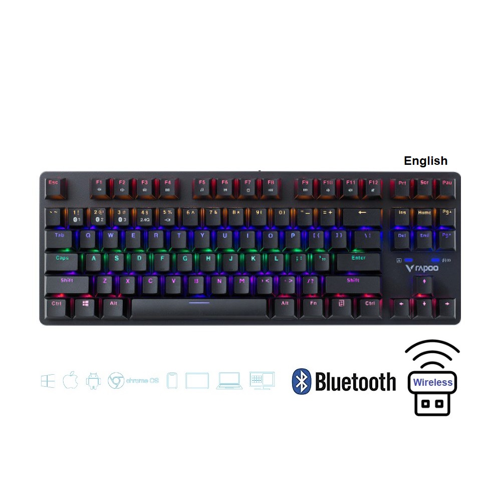 Rapoo V500Pro-87 Bluetooth Wireless – Black Multi-mode Mechanical RGB Gaming TKL Keyboard (Blue Switch) – Eng