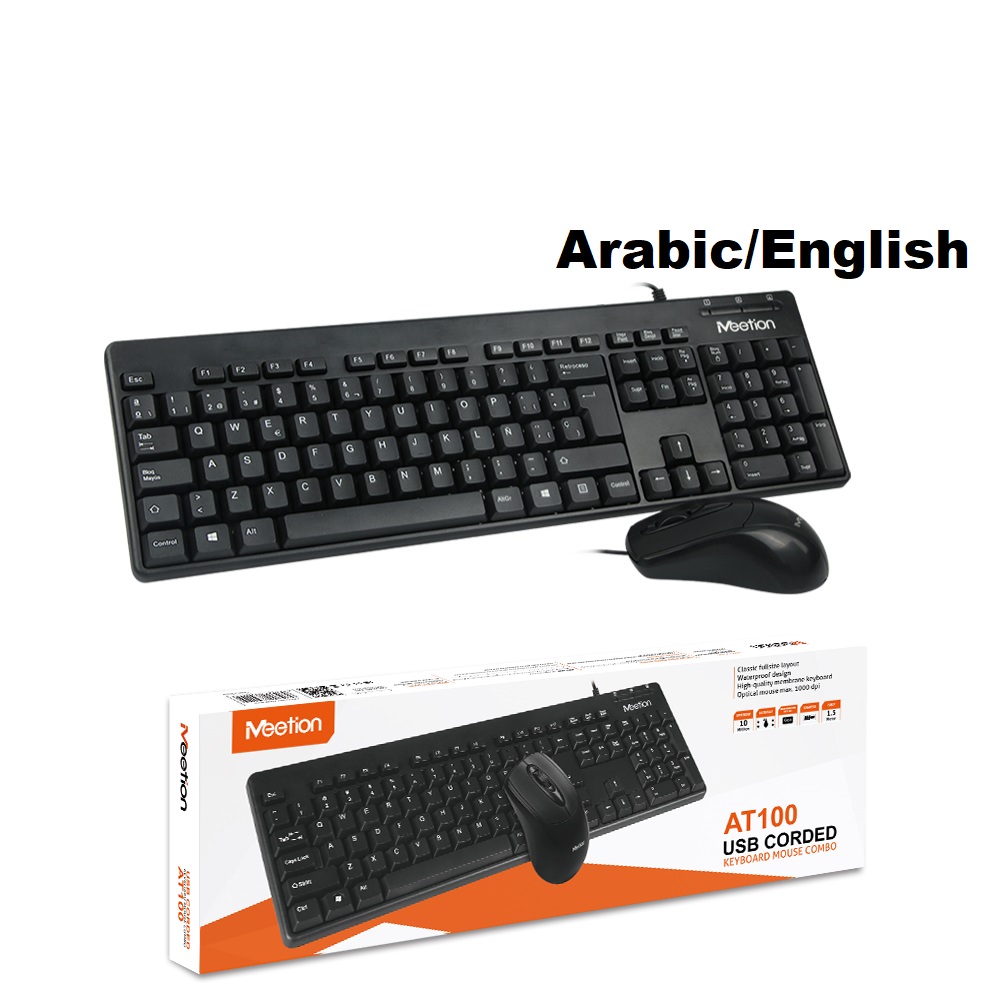 Meetion AT100 USB Wired Keyboard and Mouse Combo - Black, Arabic/English