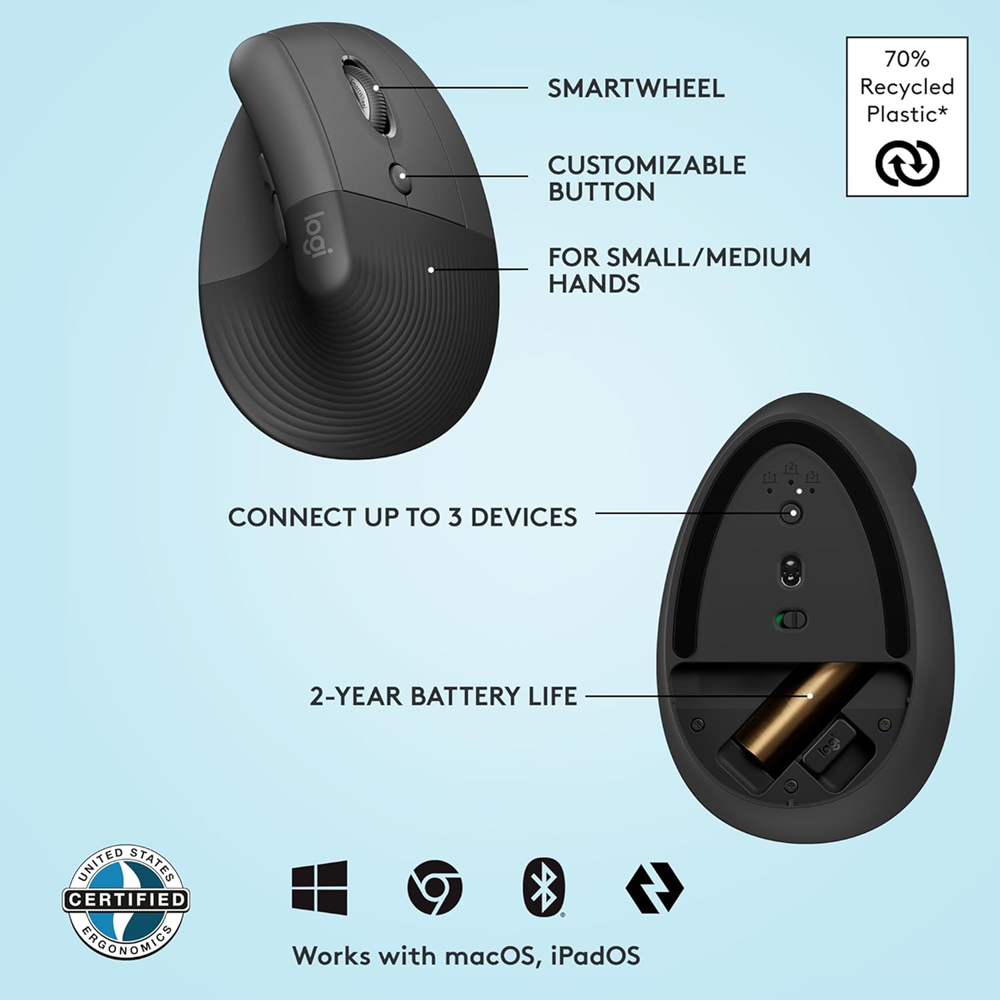 Logitech Lift Vertical Ergonomic Mouse, Wireless, Bluetooth - Graphite - Image 3
