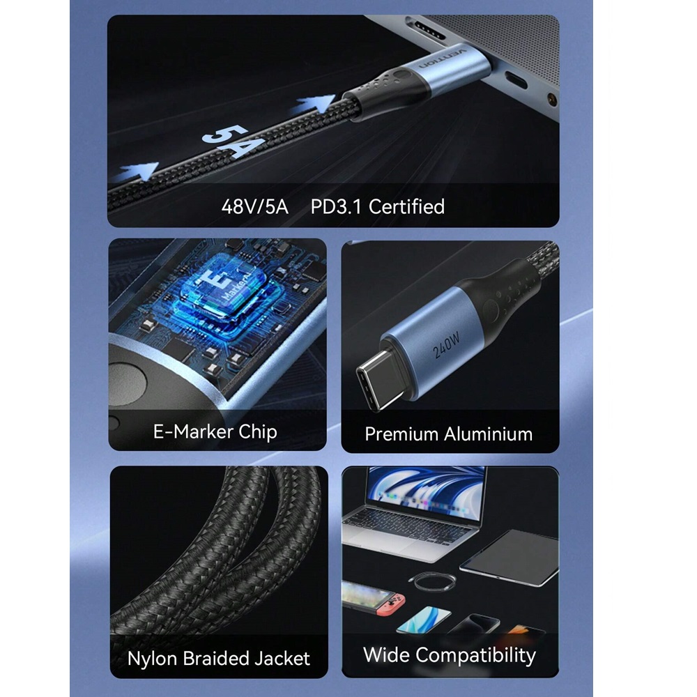 Vention TREBH USB-C 240W Fast Charging Cable 2.0 Braided Male/Male, 2m - Image 3