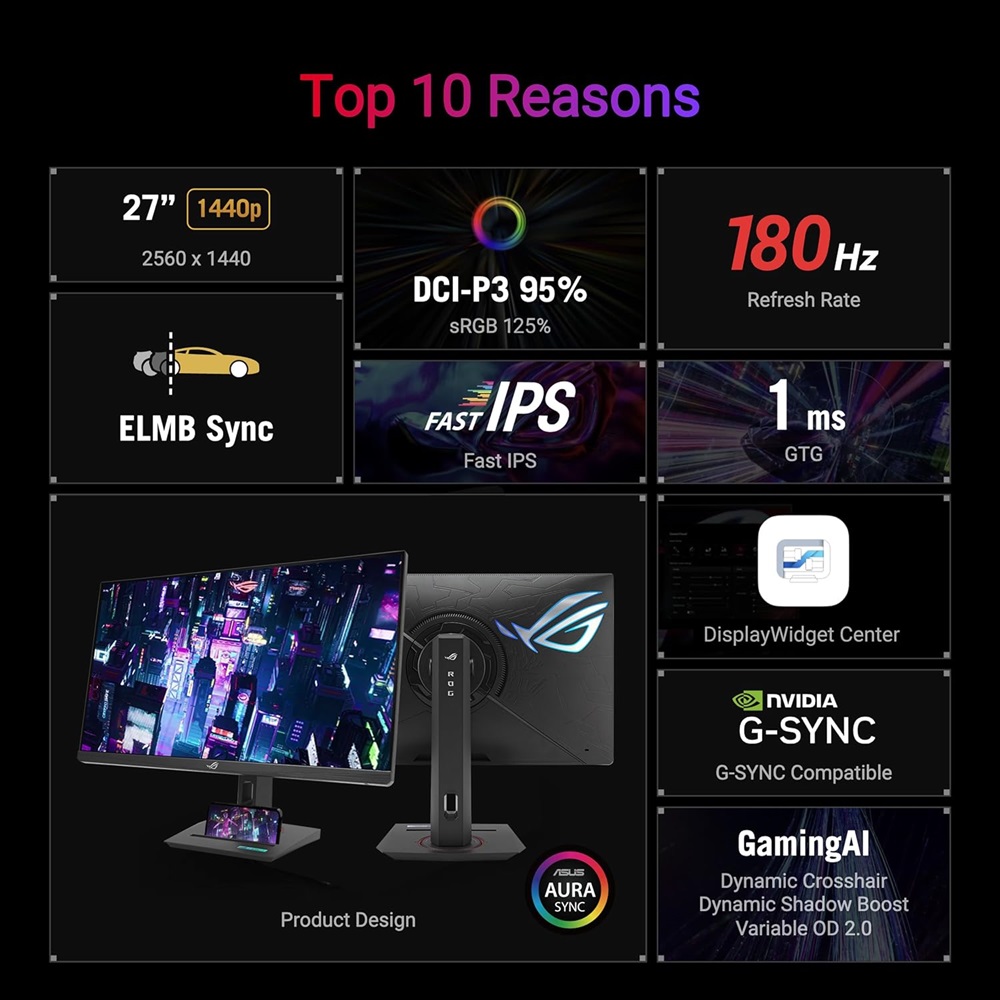 ASUS 27" ROG Strix XG27ACG 2K 180Hz 1ms Fast IPS HDR400 USB-C Gaming Monitor, Black - Image 7