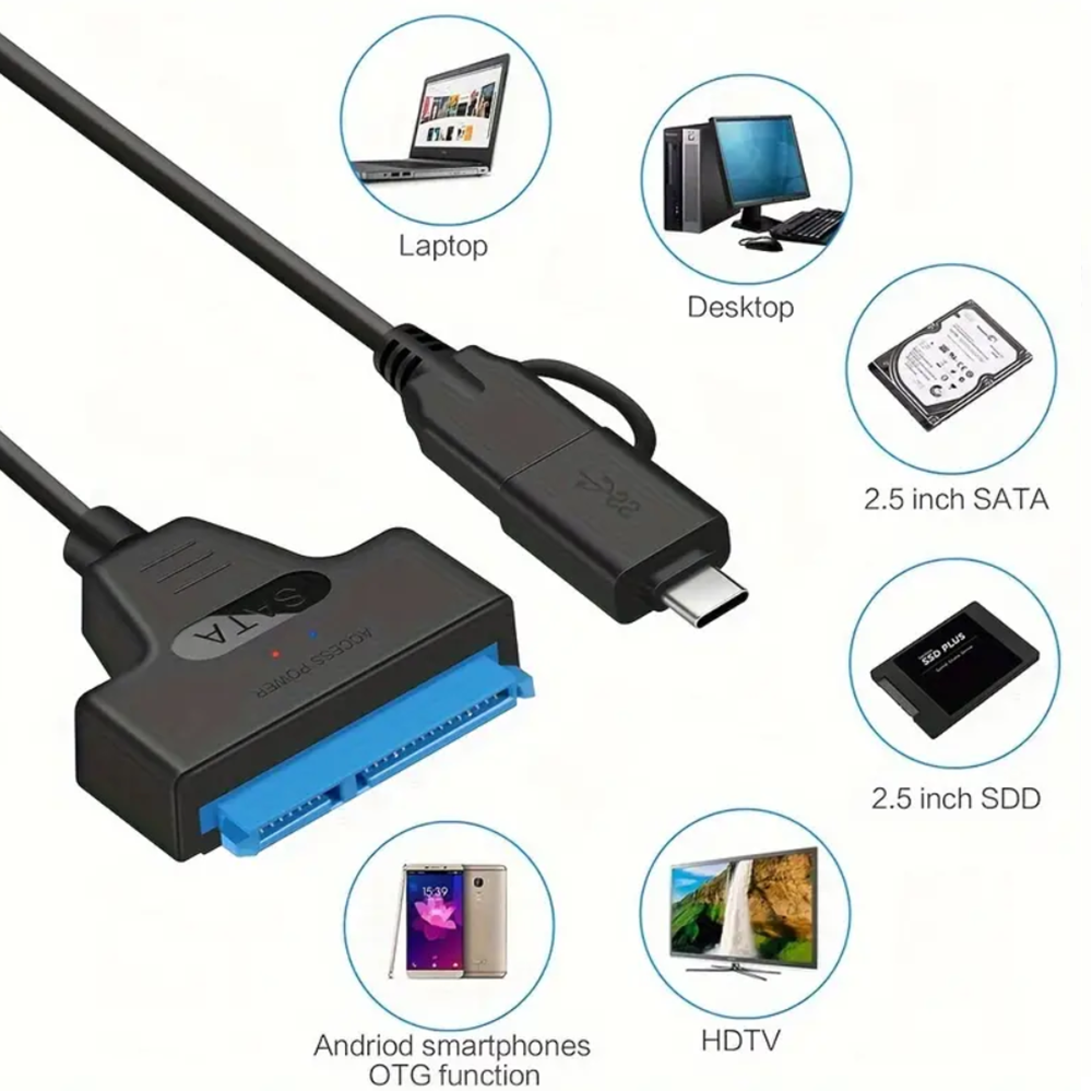 2 in 1 - USB 3.0 to SATA + Type-C to SATA Hard Drive Adapter for 2.5 inch HDD/SSD - Image 2