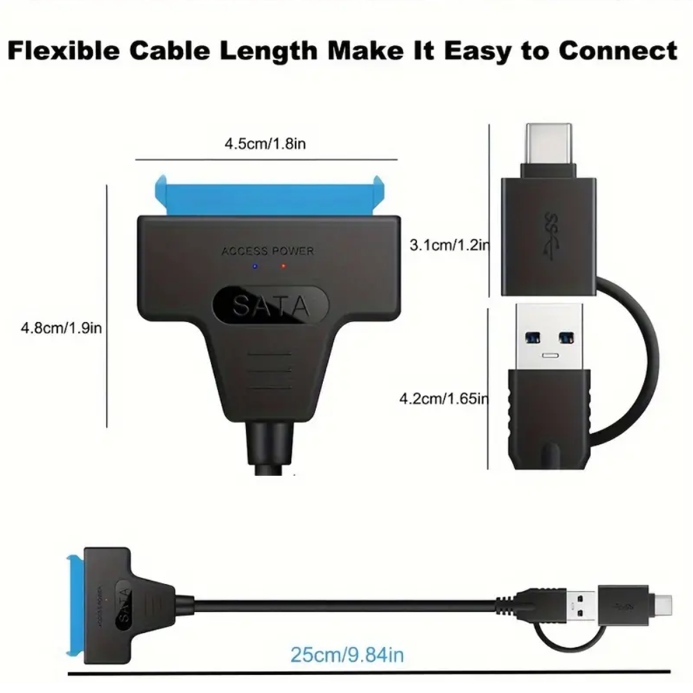 2 in 1 - USB 3.0 to SATA + Type-C to SATA Hard Drive Adapter for 2.5 inch HDD/SSD - Image 6