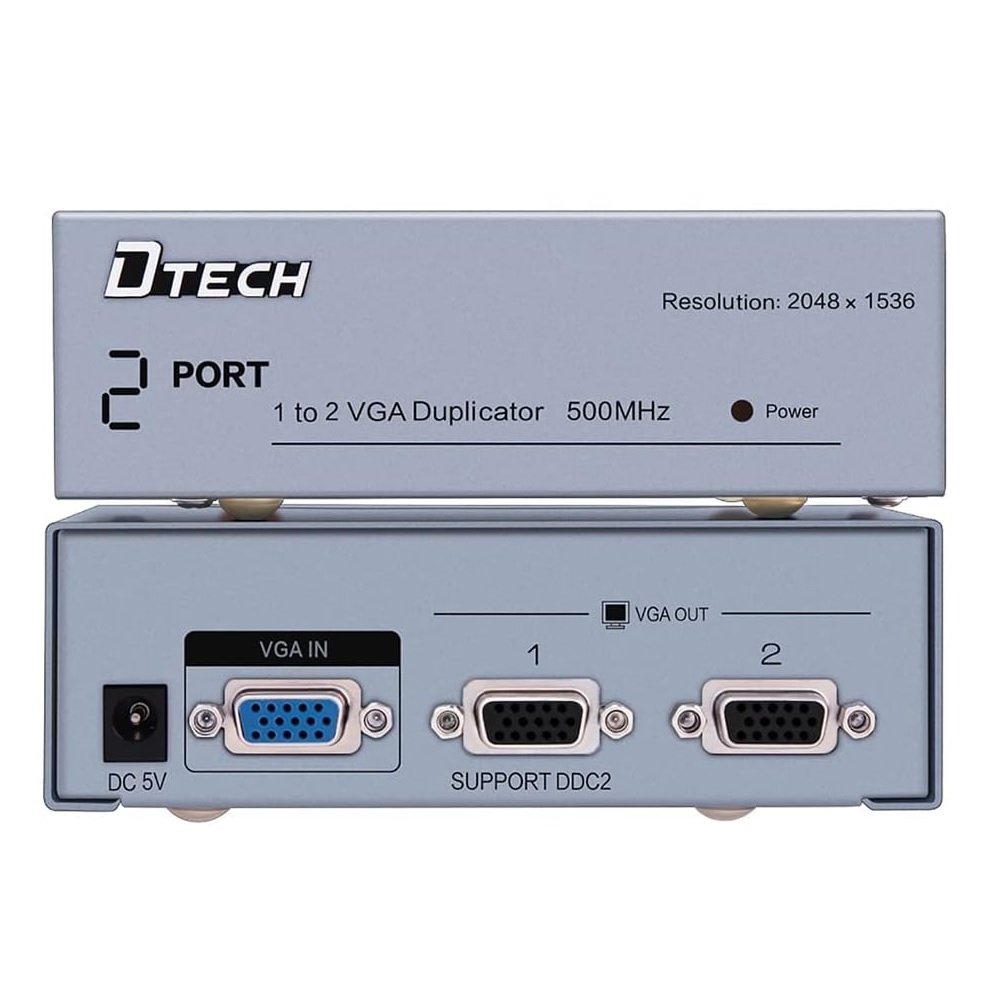 DTech VGA Splitter 2 Port Powered 1 in 2 Out 500Mhz