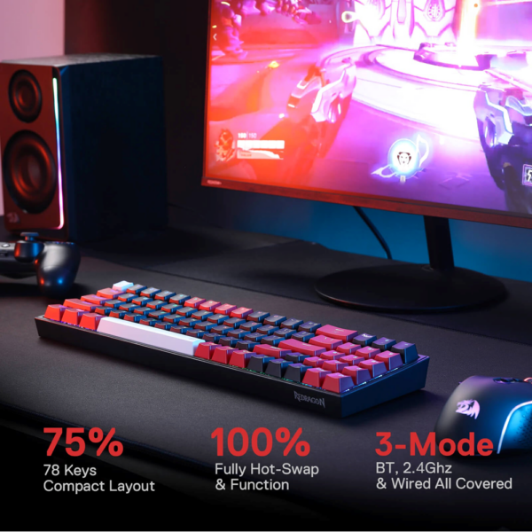 Redragon POLLUX Pro K628 RGB Swappable Wireless Mechanical Gaming Keyboard, Red Switch, - Black - Image 3