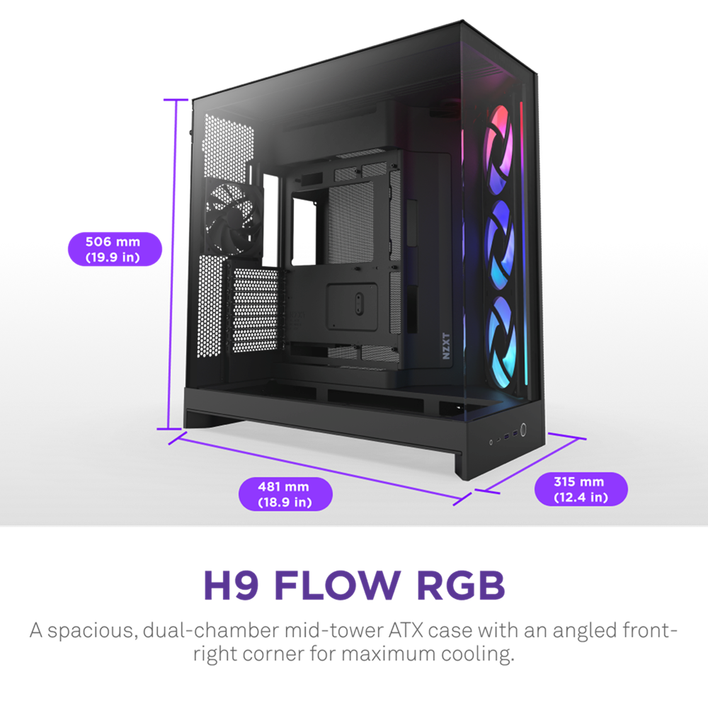 NZXT H9 Flow RGB Large Dual-Chamber Mid-Tower ATX Airflow Case with RGB, 2x Fans (Black) - Image 2