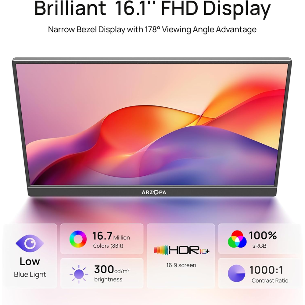 Arzopa 16.1" Z1C IPS FHD Speakers, Mini HDMI, USB-C 100% sRGB Portable Monitor - Image 3