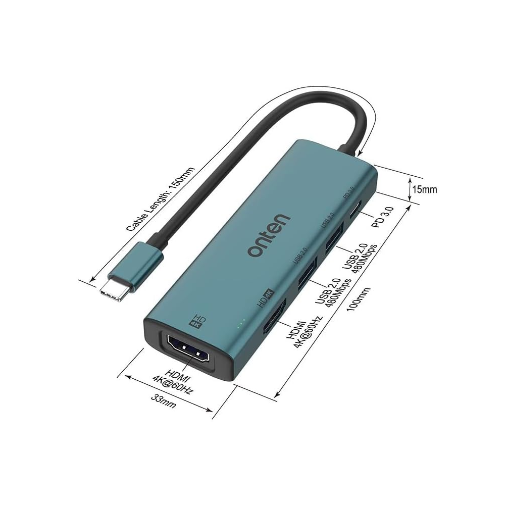 Onten UC126 USB-C to Dual HDMI 4K60Hz Adapter with PD 3.0+USB 2 Ports Hub - Image 2