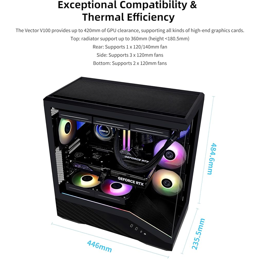 Lian-Li Vector V100 Mid-Tower Gaming PC Case, 4-Fans (Black) - Image 4