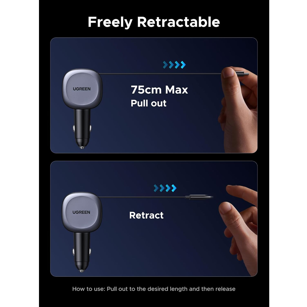 UGREEN EC601 75W Fast Car Charger Adapter with USB-C Retractable Cable - Image 3