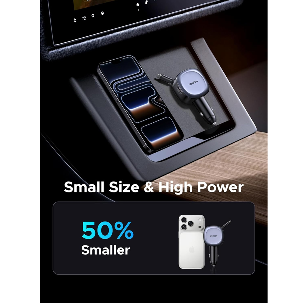 UGREEN EC601 75W Fast Car Charger Adapter with USB-C Retractable Cable - Image 2