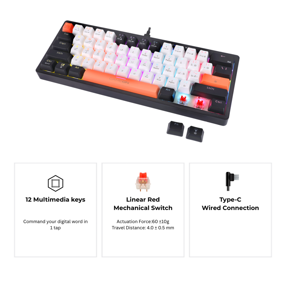 GameOn AEROX Series K160RS 60% RGB Mechanical Wired Gaming Keyboard, Red Switch - English/Arabic - Image 2