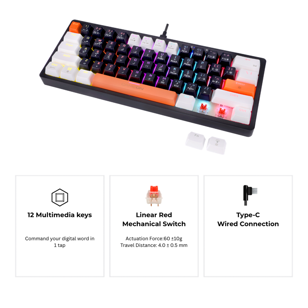 GameOn AEROX Series K60RS 60% RGB Mechanical Wired Gaming Keyboard, Red Switch - English/Arabic - Image 2
