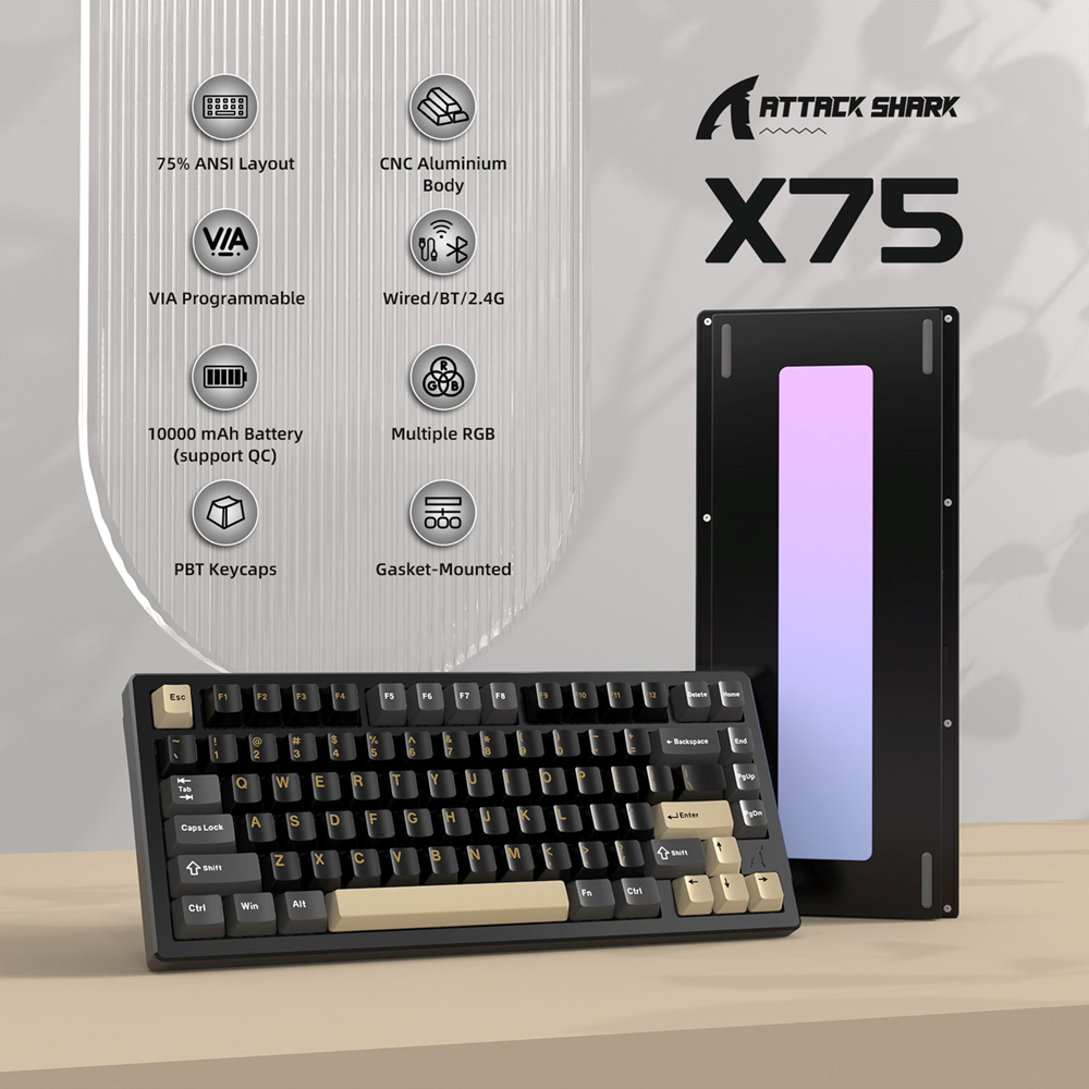Attack Shark X75 Full Aluminum Wireless Gasket Gaming Mechanical Keyboard, Star Black - Image 2