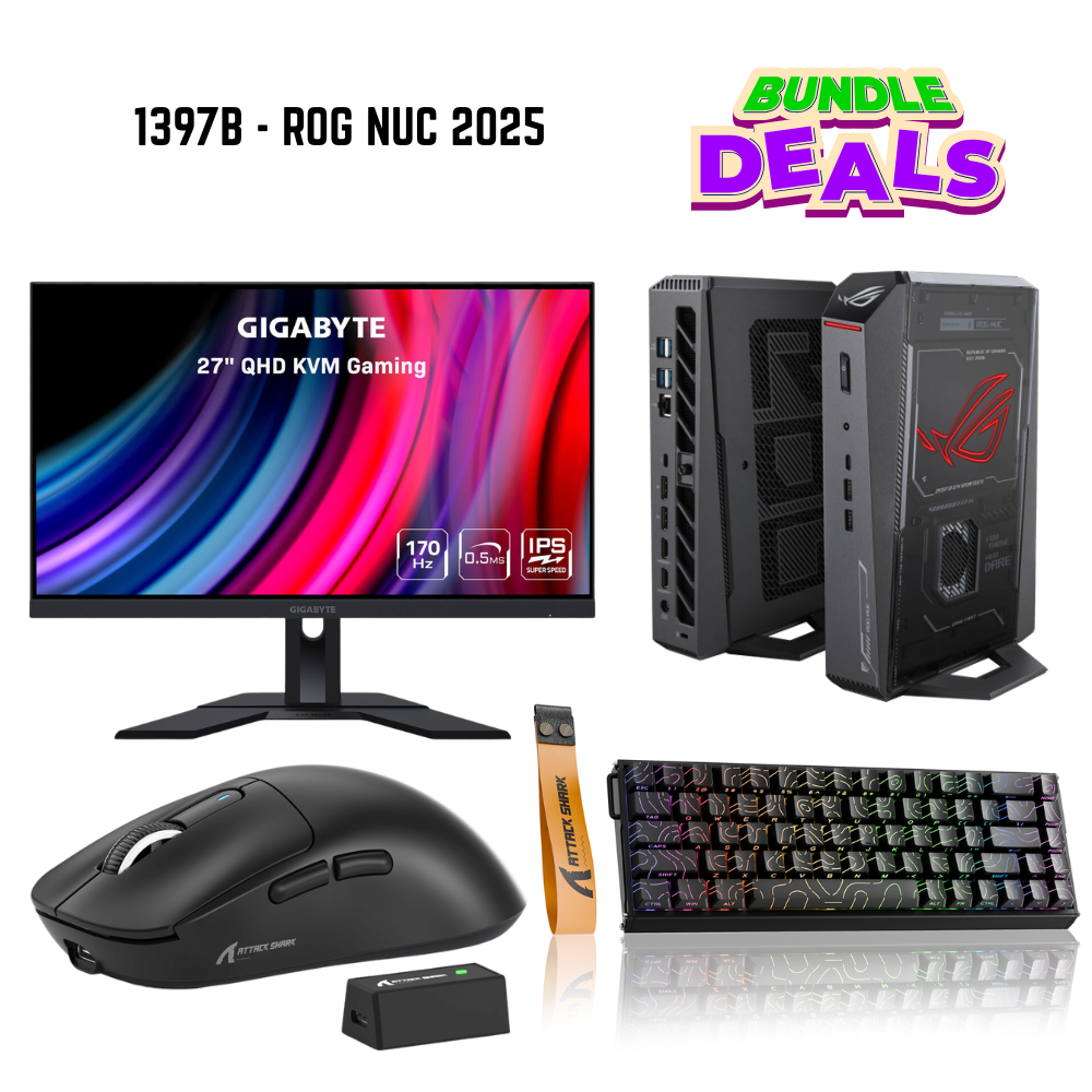 ASUS Bundle 1397 ROG NUC (2025) Gaming Mini PC, Ultra 9, RTX 5070Ti, 32GB, 1TB NVMe, Gigabyte 27″ M27Q, Attack Shark X68MAX, X3PRO