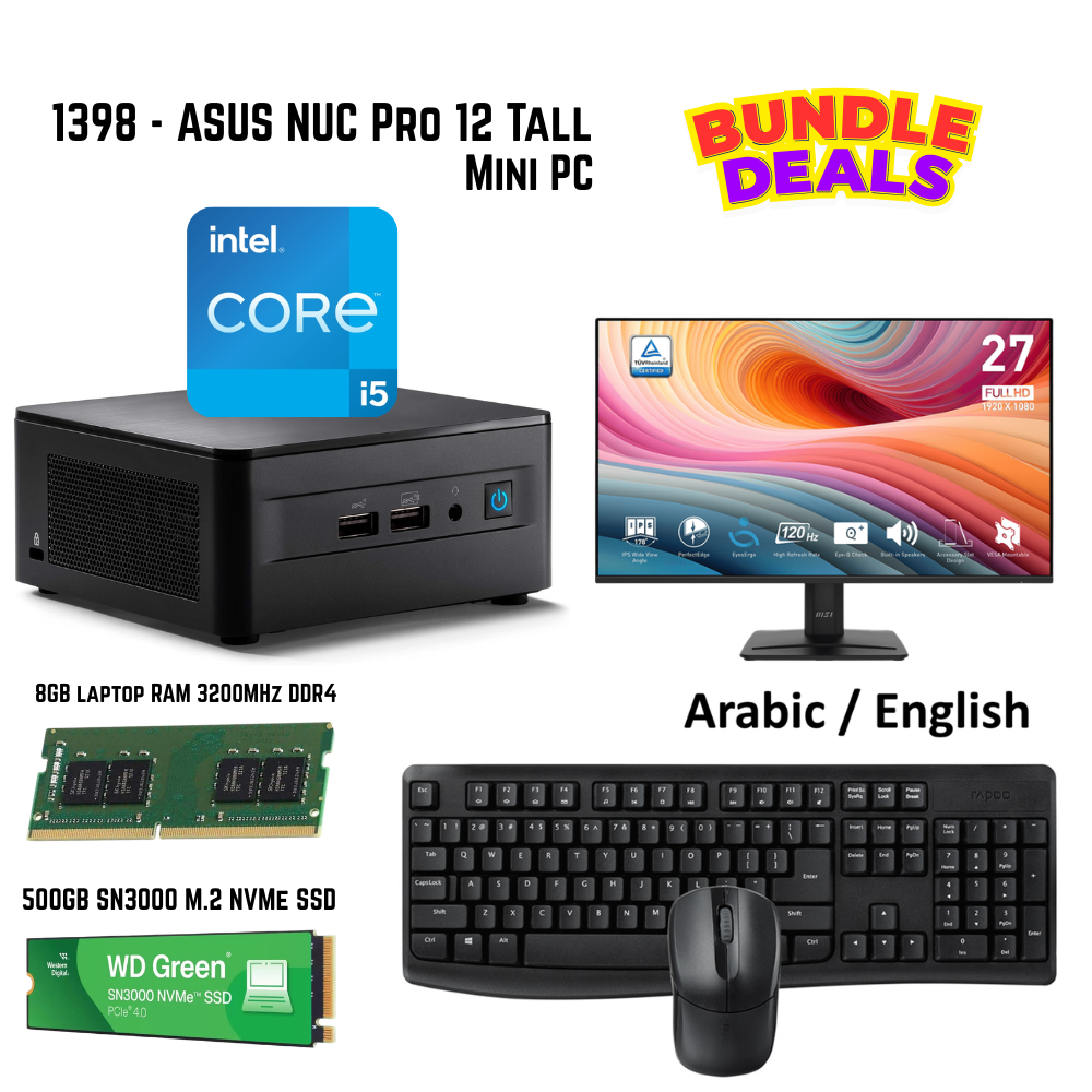 ASUS Bundle 1398 NUC 12 Pro Tall Mini PC, i5-1240P, 8GB, 500GB, W11Pro, Rapoo X1800PRO, MSI 27″ PRO MP275