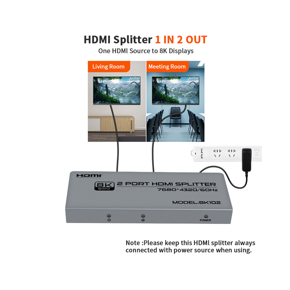2-Port 8K HDMI 2.1 Splitter 1 in 2 out - Image 2