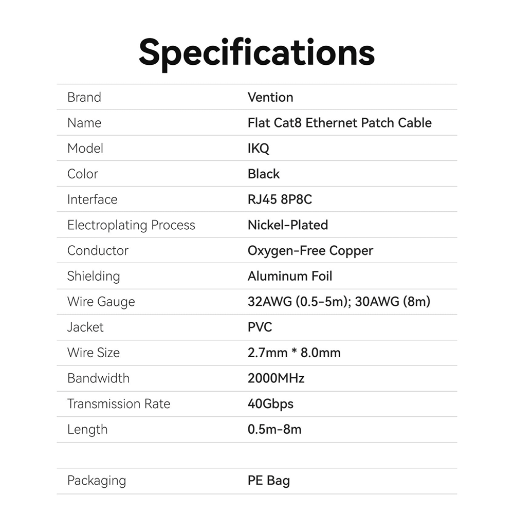 Vention IKQBF Flat Cat8 Ethernet Patch Network Cable 40Gbps 2000MHz, 1m - Image 5