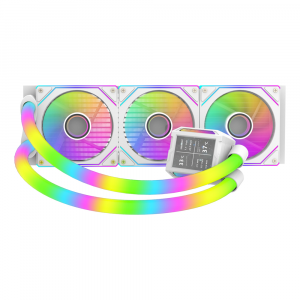 SHARX PROFIN P360LRT – 360mm AIO Liquid CPU Cooler with 2.8” LCD Display, Triple ARGB Fans, White
